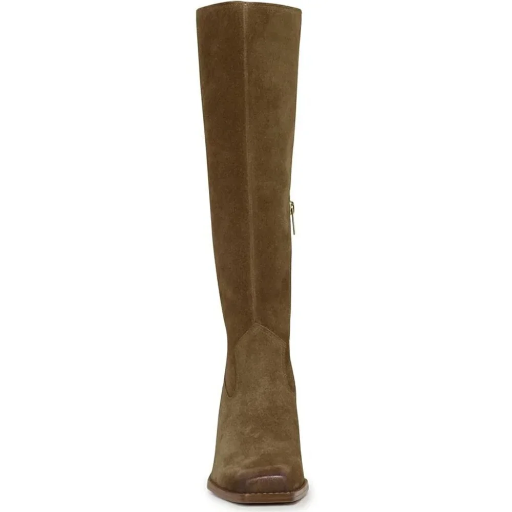Women Dusty Green Polyurethane Knee High Square Toe Side Zipper Block Heel Boot